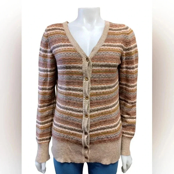 Cassis Collection LS Sweater 100% Merino Wool Tan With Blues Size  Medium - Picture 1 of 10